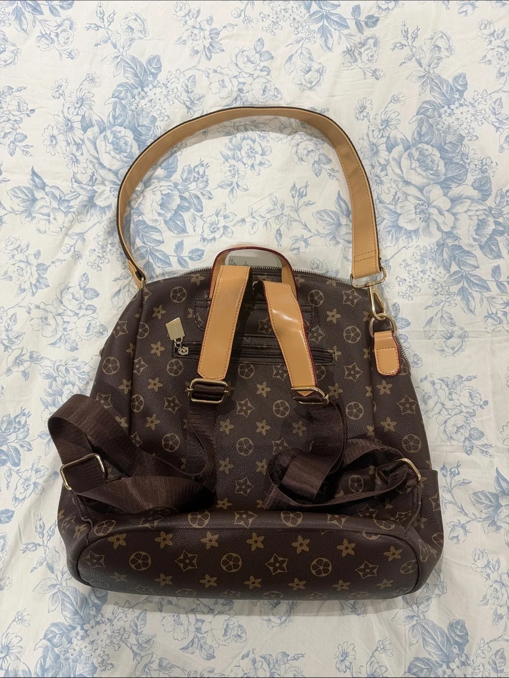 Monogram-Style Brown Backpack with Tan Accents with matching pouch wallet